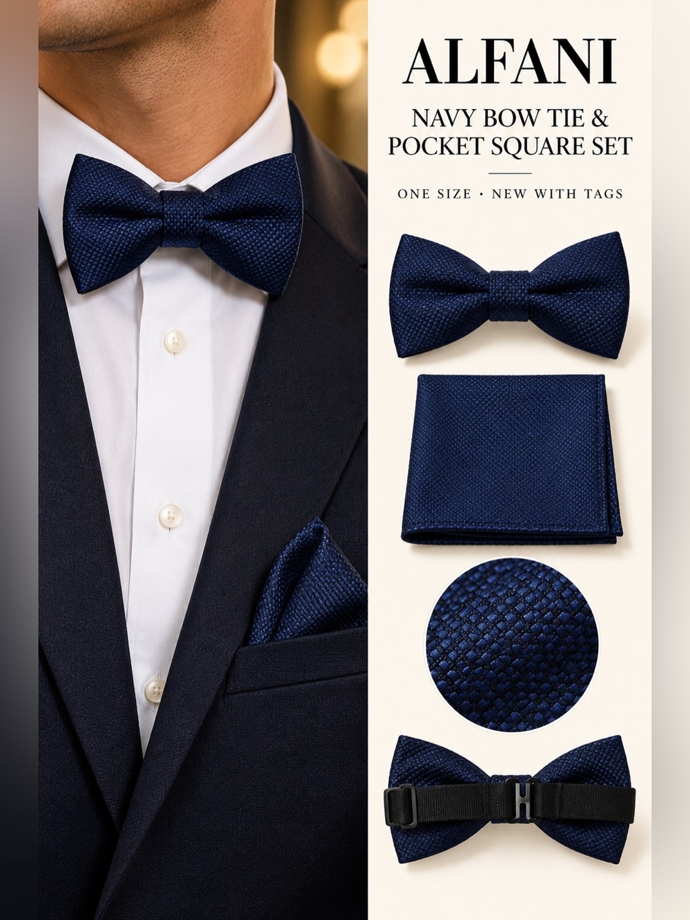 ALFANI Bow Tie & Pocket Square Set Blue NWT